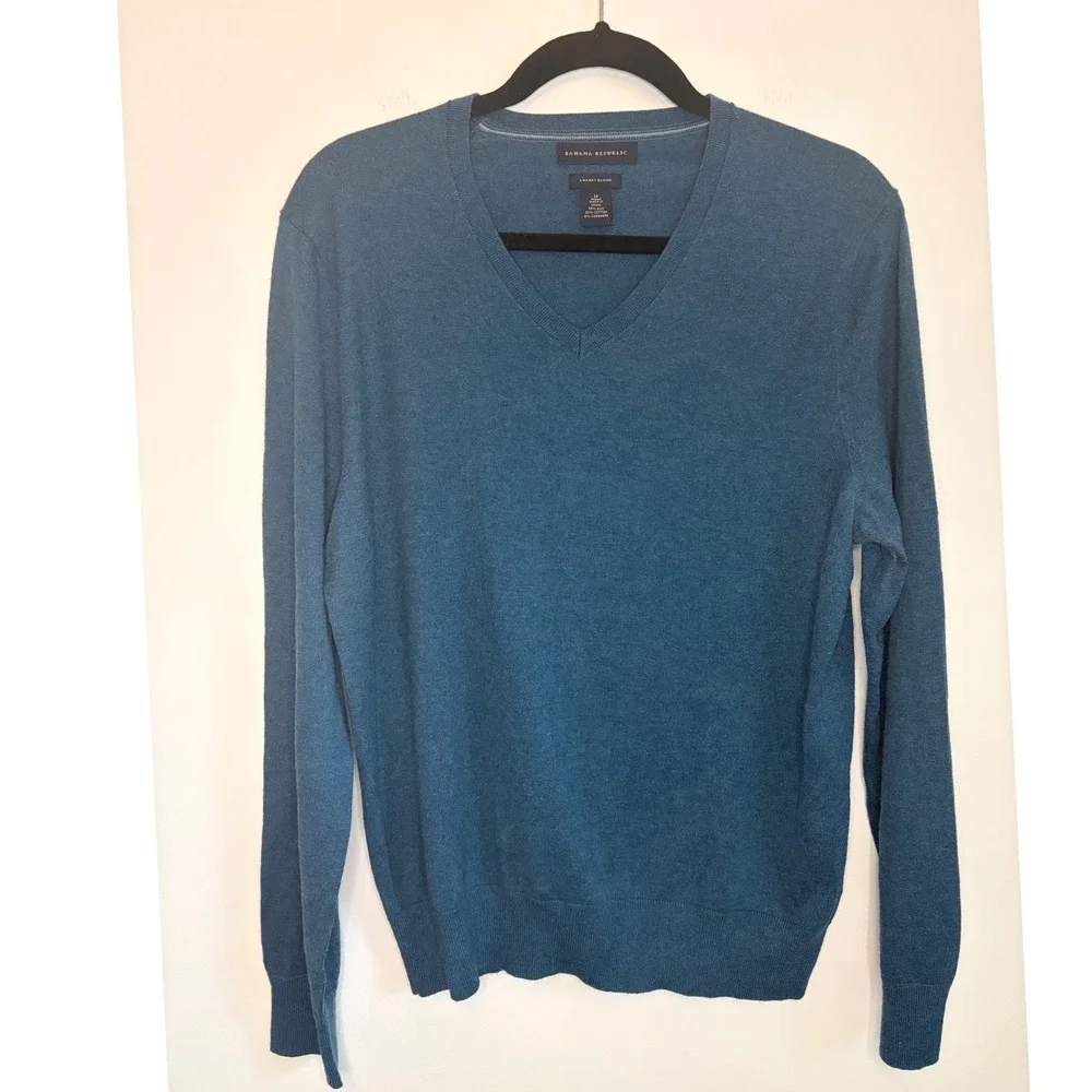 Banana Republic Mens Luxury Blend Silk Cashmere V-Neck Sweater Teal Blue M Soft